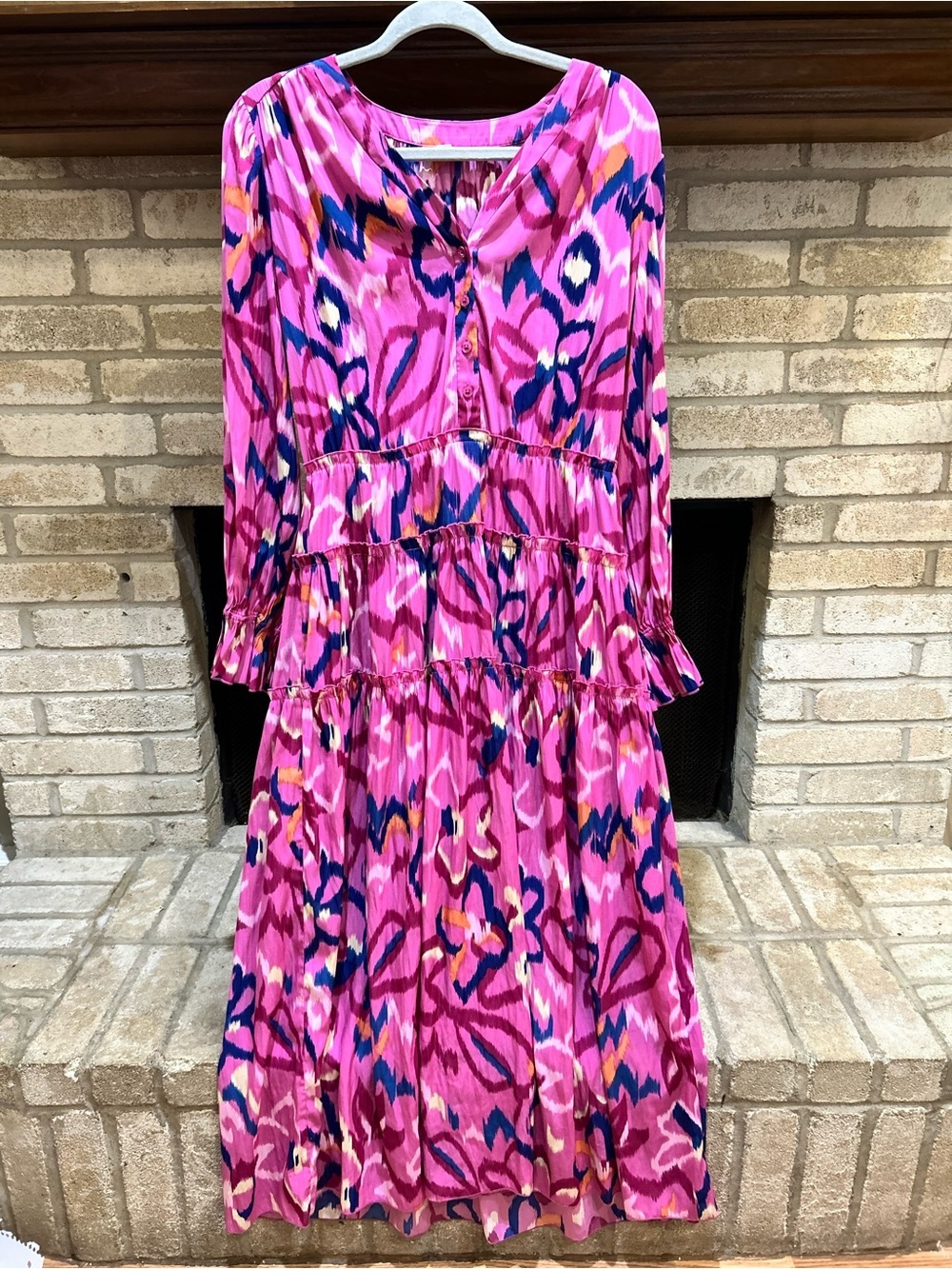 Chico’s Pink Floral Tiered Long Sleeve Dress EUC